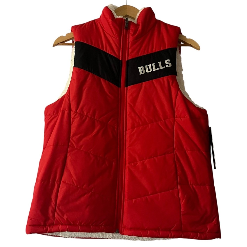 NBA Bulls Red Puffer Sherpa Vest Reversible‎ Womens Large Full Zip Sleeveless